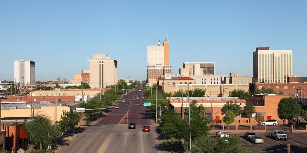 Lubbock Wide shot of downtown Lubbock businesses